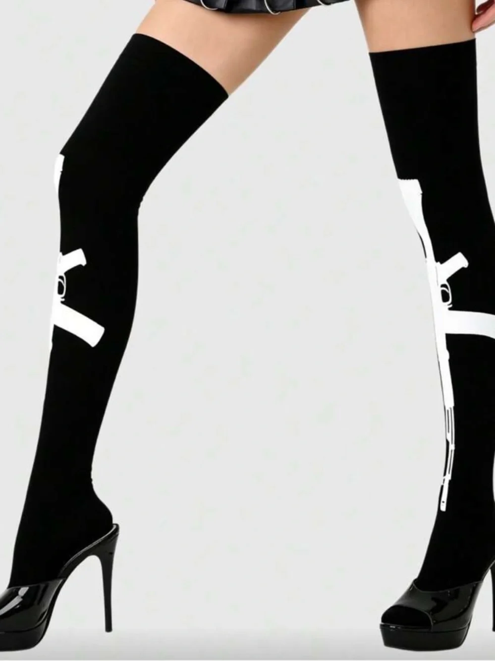 Black Thigh-High Socks with White Gun Graphic